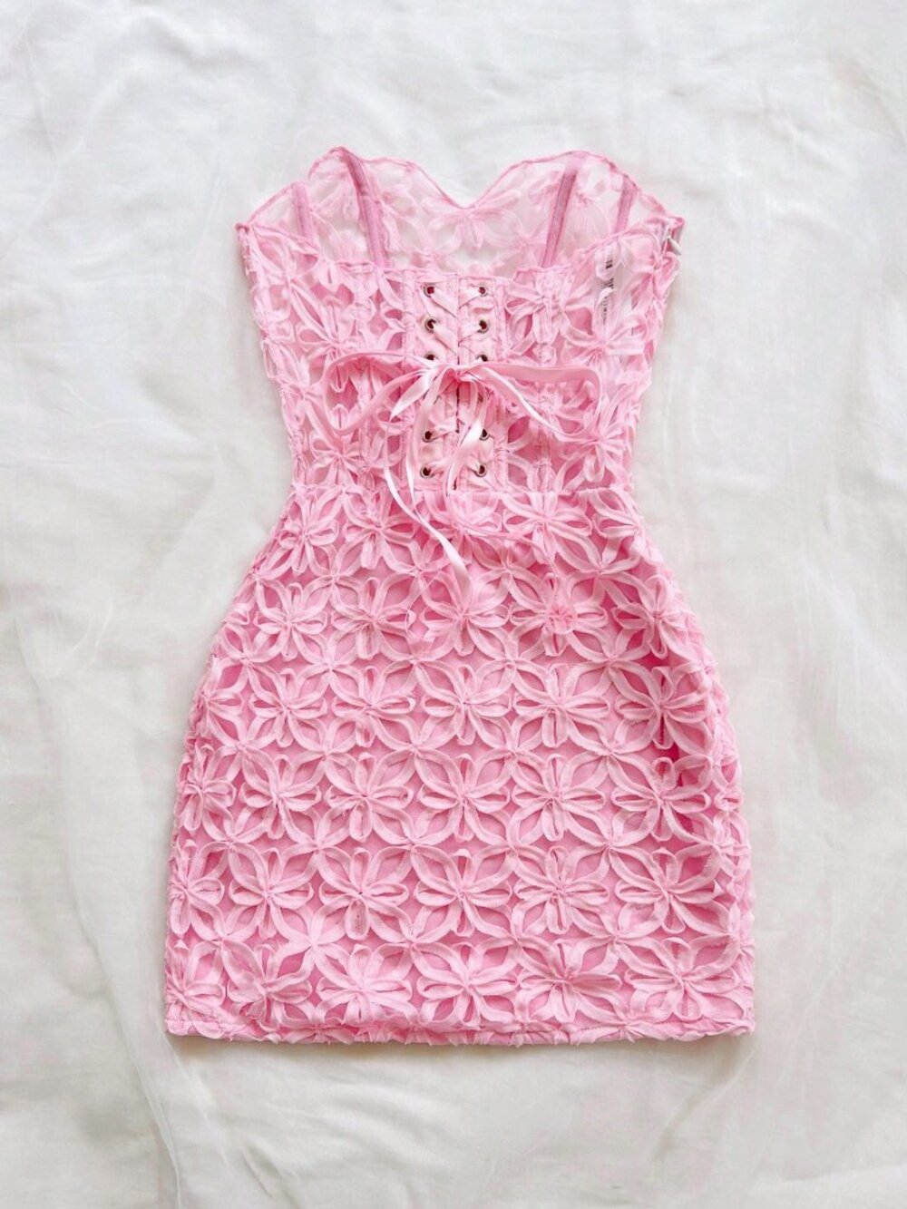 Pink Sexy Women's Backless Lace Tie-Up Mini Dress - Picture 2 of 7